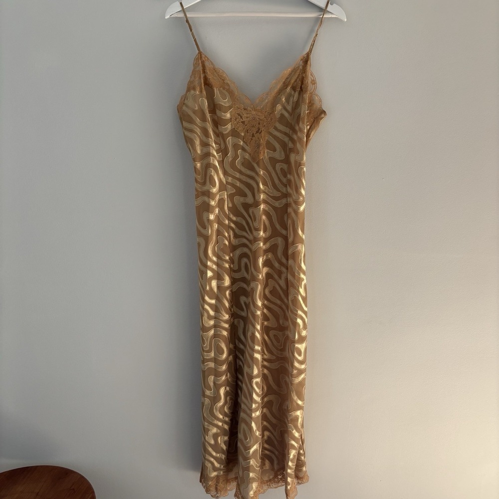 VTG Victoria's Secret Maxi Slip Dress‎ Large Gold Yellow Sheer Lace Lingerie